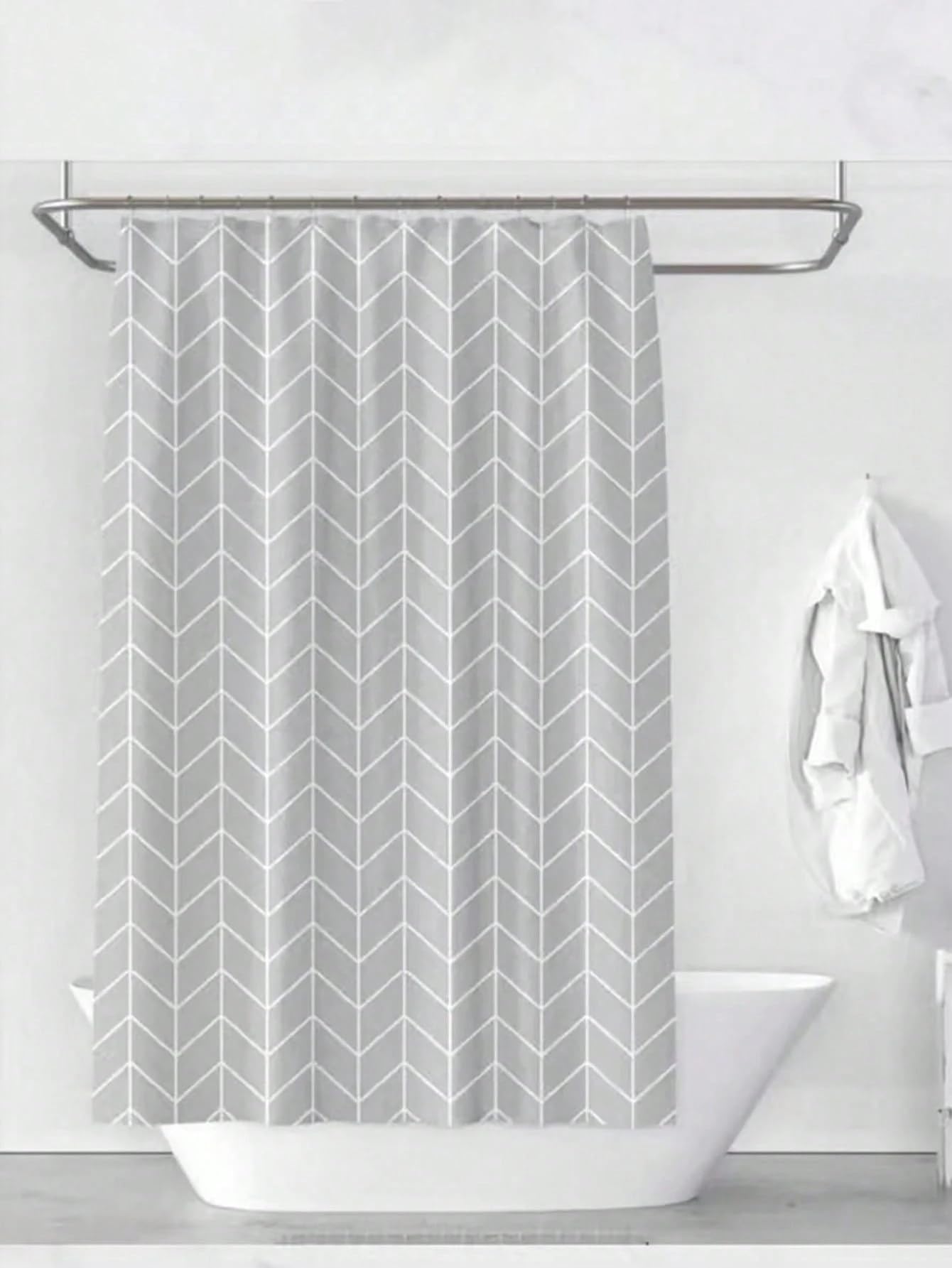 Biały wzór w jodełkę na szarej zasłonie prysznicowej minimalistyczna siatkowa zasłona łazienkowa z oczkami i haczykami (190 x 205 cm / bardzo długa)