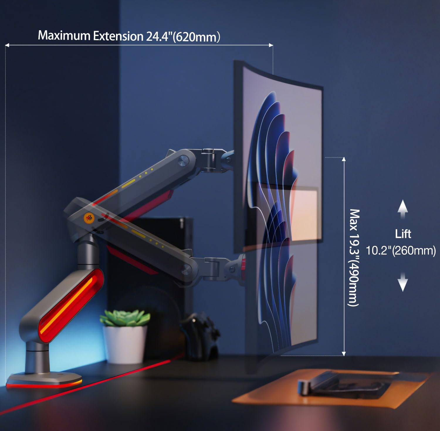 NB Ergonomic Lourd Support Ecran PC pour Jusqu'à 60 Pouces Ultralarge Moniteur, Bras de Moniteur Charge Maximale de 20 kg, VESA 75/100 mm (Rouge)
