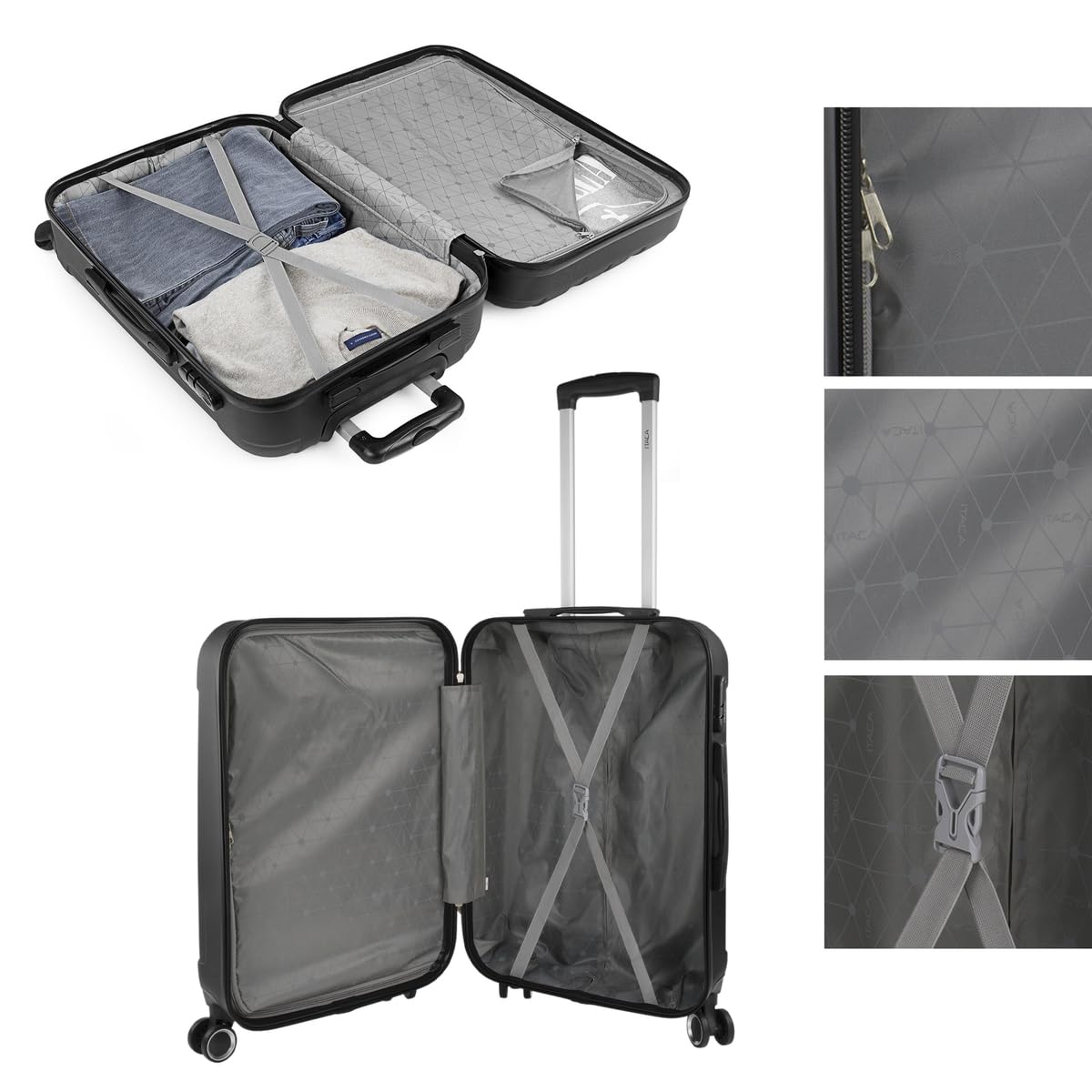 ITACA - Zestaw 3 sztywnych etui na przesuw 4 wózki na kołach 55/64/73 cm ABS. Odporne i lekkie. Uchwyt na kłódki. Mała średnia i duża kabina. 771100, Czarny