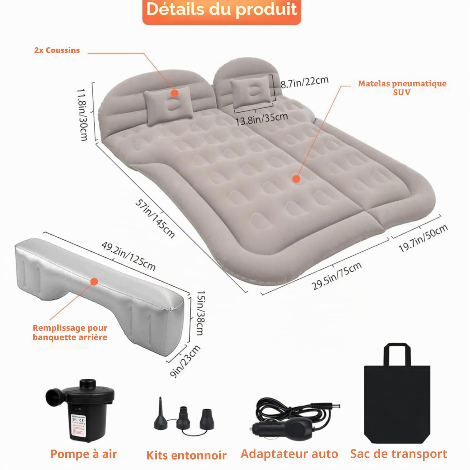 Matelas gonflable pour voiture avec pompe à air et 2 oreillers, matelas d'air universel pour coffre et SUV, camping, voyages, extérieur, 175 cm x 130 cm, couleur gris