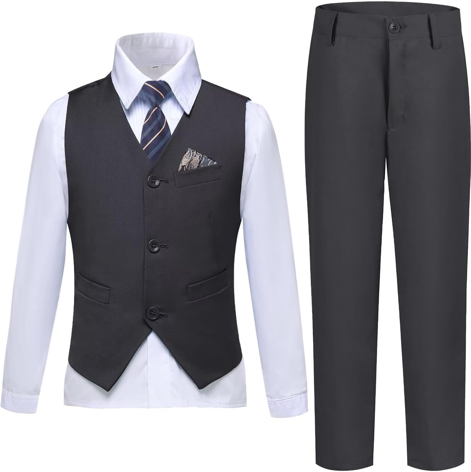 Boys Suit Formal Dress Pants Vest Suit Set for Boys Wedding Outfits with Dress Shirt Tie and Pocket Square
