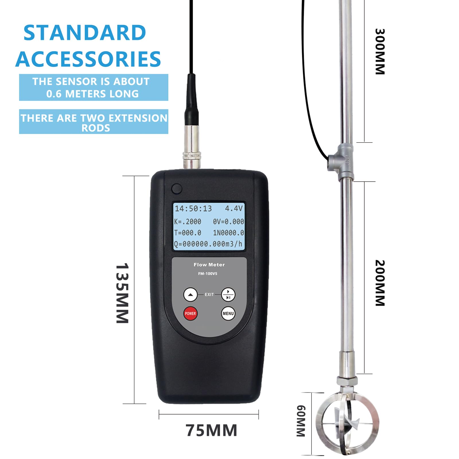 FM-100V5 Medidor de flujo de velocidad portátil Medidor de flujo de agua Rango de velocidad 0.01~5.00 m/s, rango de temperatura -10℃~50℃