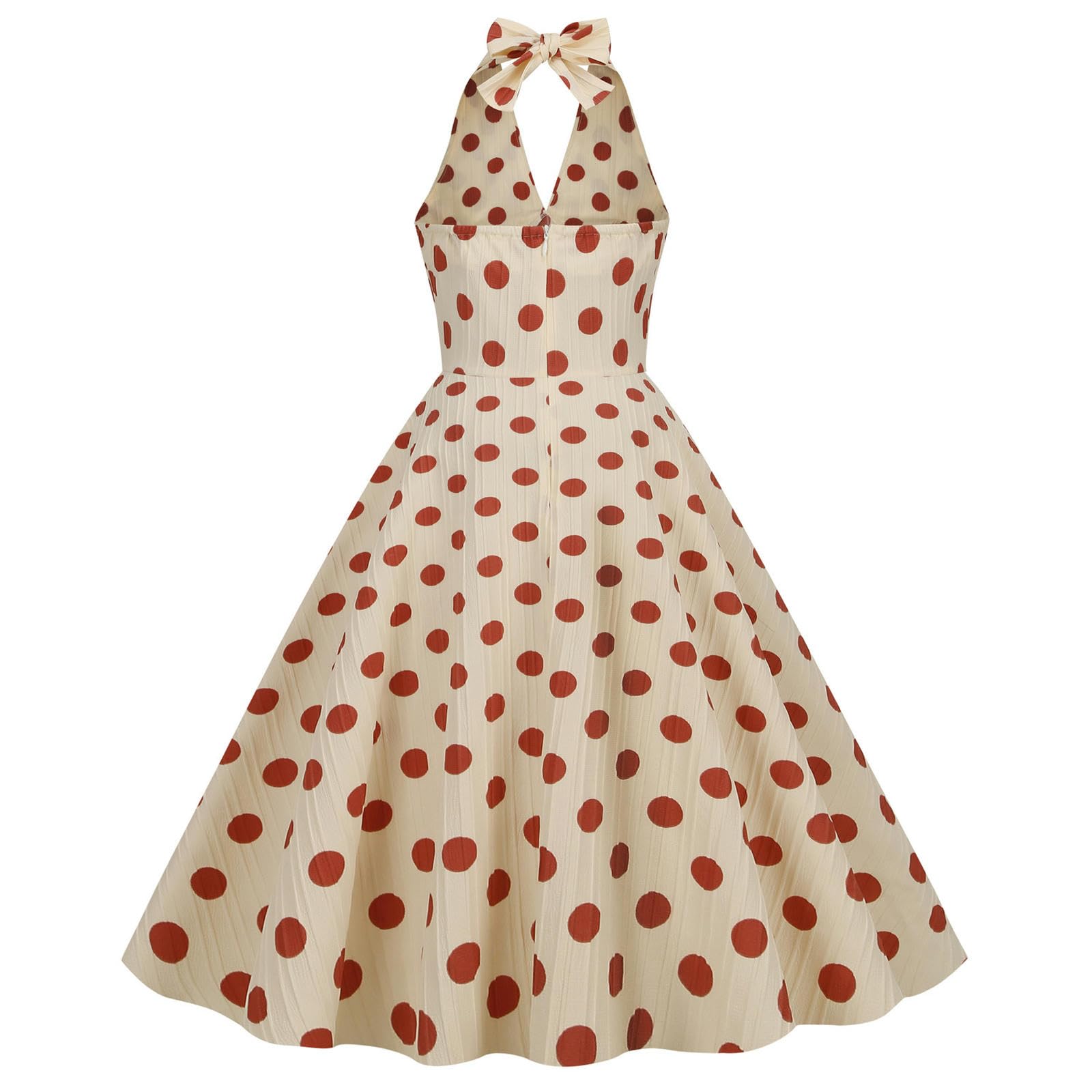 Robe de Banquet de Vacances rétro Taille Haute à Pois avec col Licou et Robe mi-Longue à Large Ourlet pour Femme - Fond Abricot Rouge à Gros Pois - XXL