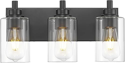 VL143-MB-3 - Lámpara de tocador negra con pantalla cilíndrica de cristal transparente, accesorios de iluminación modernos sobre espejo, 3 luces para