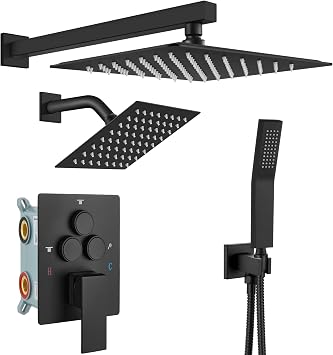 gotonovo Bathroom Shower Faucet Set Push Button Diverter Rainfall Shower System Shower head and Handheld Set Shower Trim Kit Wall Mount 10 Inch Showerhead with 6 Inch Showerhead Matte Black