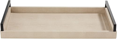 Miniatura 7 de Sagala - Bandeja de servicio Shagreen marfil para otomana, bandeja decorativa de madera de piel sintética con mango negro para mesa de café, mesa de