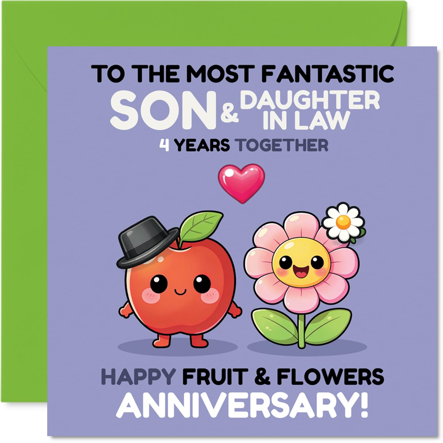 Playful 4th Anniversary Card for Son & Daughter in Law - Bursting with Fruity Fun - Cartoon Fruit and Flower Celebrating Together - 145mm Square, Envelope Included