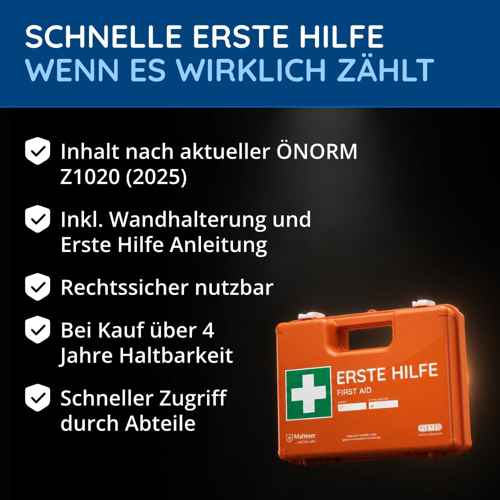 FLEXEO ÖNORM Z1020 - Valigetta di pronto soccorso per l'Austria, con supporto da parete, adesivi, adesivi di prova e piombo, kit per medicazioni per aziende, aziende, ufficio e casa