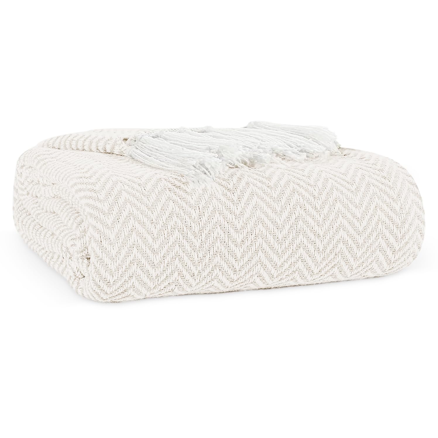 EHC Chevron Throw Blanket, Handwoven Cotton Throws for Sofas Bed Sofa Settee Couch Reversible Bed Cover Over Bedspread, Single 127 x 152 cm, Ivory