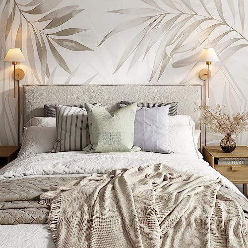 Image of Nathan James Millie Plug-in Wall Sconce, Wall Mounted Bedside Reading Lamp with Cotton Shade and Brass Back Plate, Set of 2