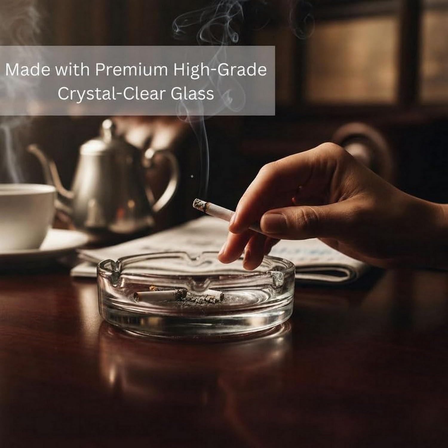 COOKIVA Crystal Clear Glass Ashtray 101 mm | Heavy Thick Round Ash Tray for Cigarette & Cigar | Tabletop Ashtray for Home, Office & Outdoor Use (1 Pc) 1