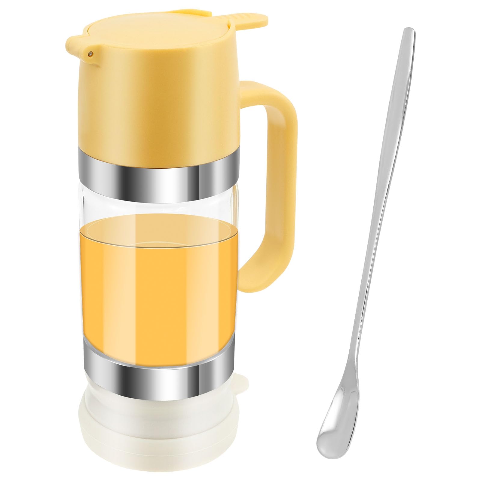 Tcwhniev Glass Honey Dispenser Pot, No Drip, 300ml Easy Refill Syrup Dispenser Jar with Handle and Spoon, Honey Jar Clear Maple Syrup Dispenser, No Drip Honey Container Pot for Honey Syrup (White)