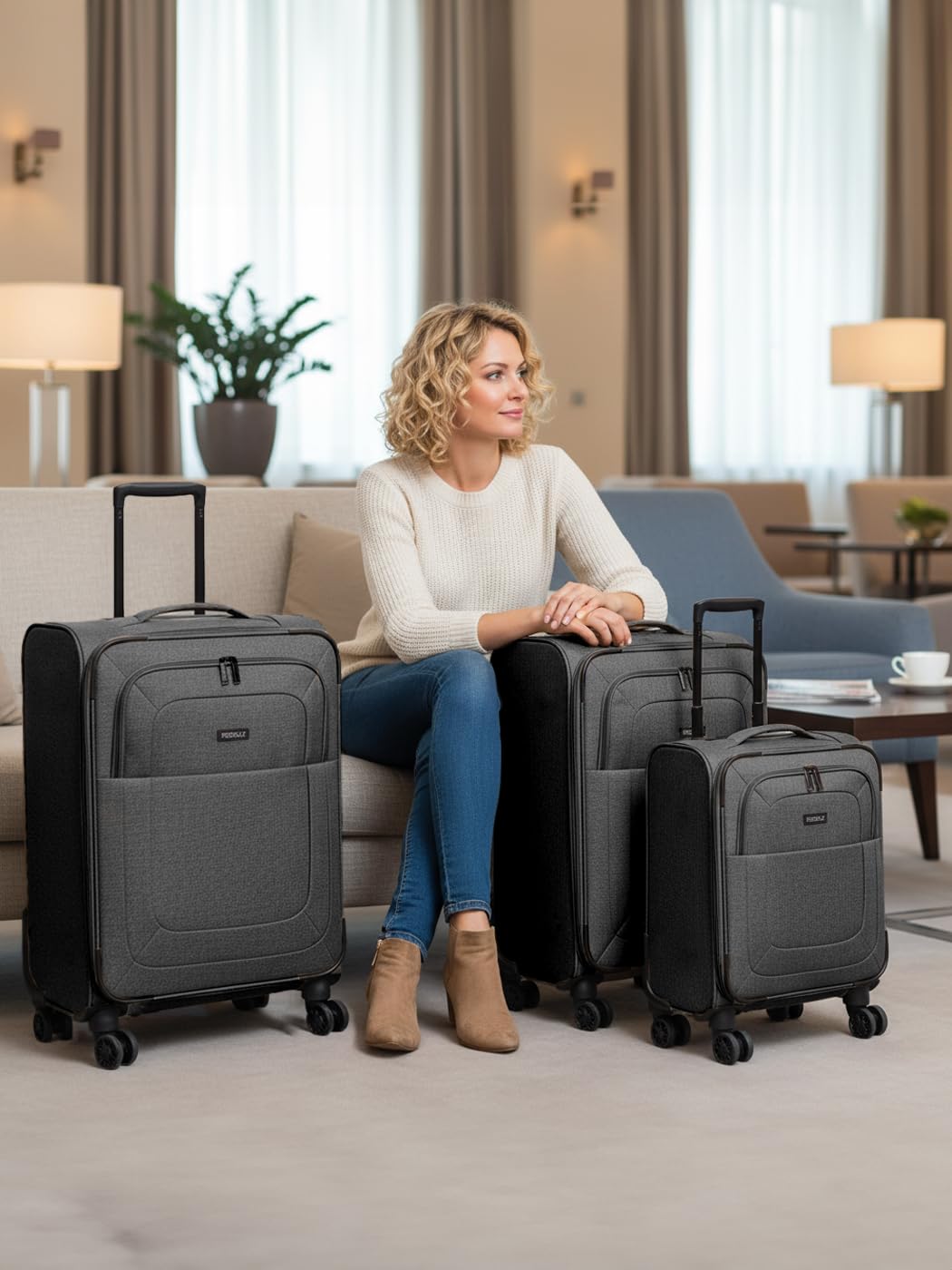 REDOLZ Koffer-Set 3-teilig Reise-Trolleys Softcase 4 Doppelrollen TSA-Schloss erweiterbar Essentials 12