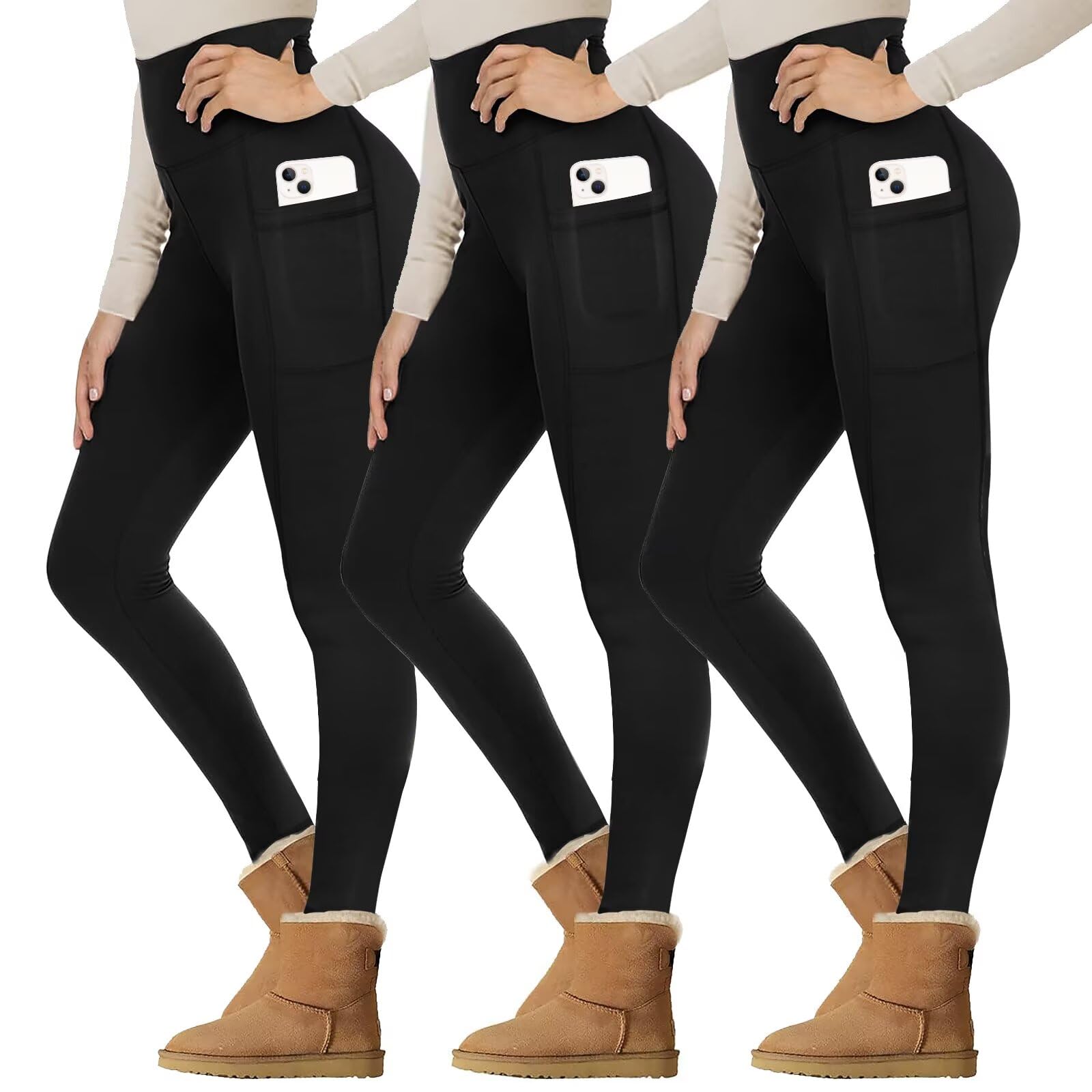 Gayhay Leggings termici da donna, imbottiti, invernali, con tasche, per sport e yoga | Pantaloni termici a vita alta, in caldo pile, opachi, biancheria intima termica, collant invernali