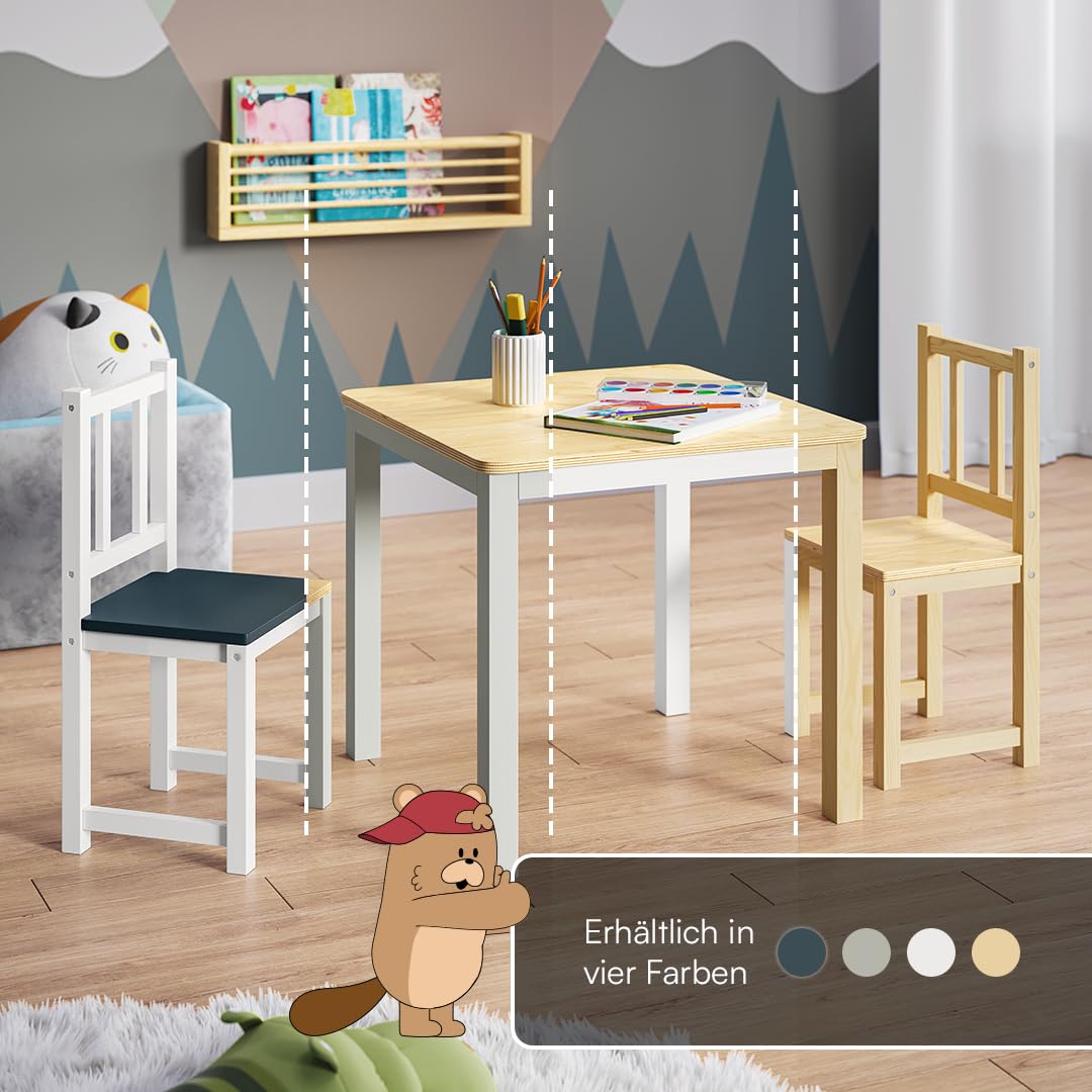 Bellabino Sora Kindersitzgruppe – Kindertisch mit 2 Stühlen aus Holz – Sitzgruppe Indoor Grau – Kinder Tisch Stuhl Set für Drinnen – Maltisch & Basteltisch ab 2 Jahren – Spieltisch für Kinderzimmer