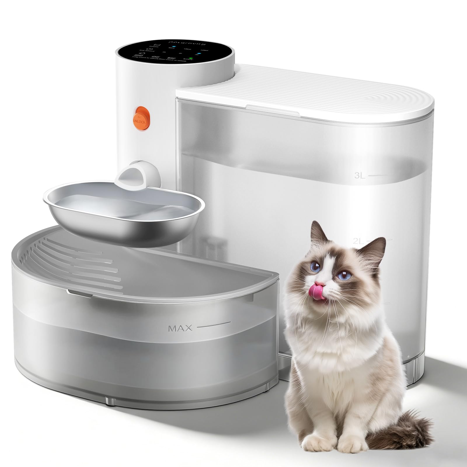 3.8L Fuente para Gatos sin Cable:,Bebedero automatico Gatos Sin Filtro e Inalámbrica con Batería 2000mAh Sistema de Separación de Agua Usada Cuenco de Acero Inoxidable Blanco