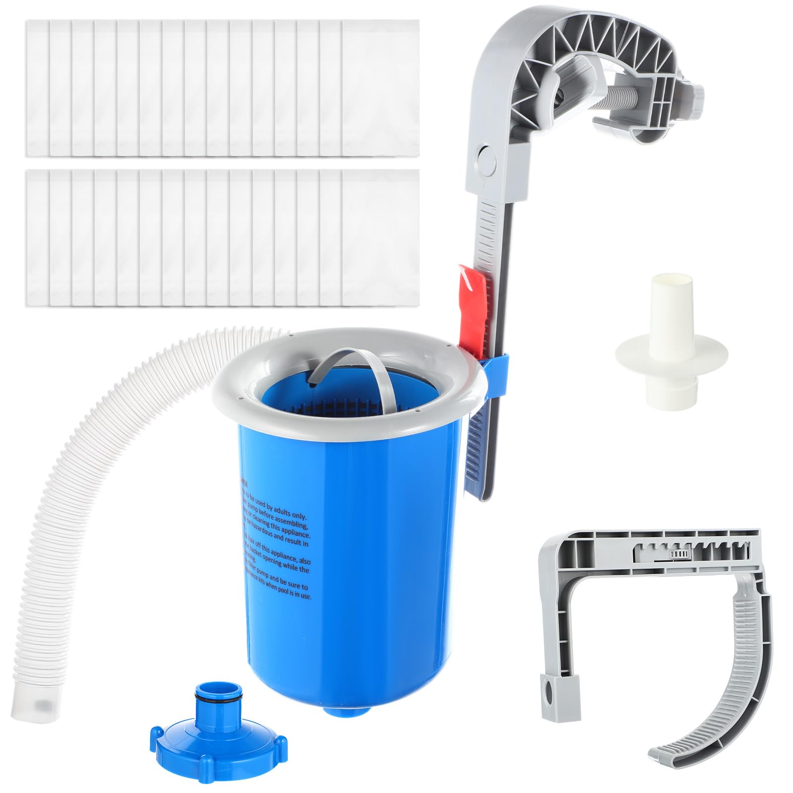 Tujoe Skimmer de superficie de piscina sobre el suelo con 30 calcetines de filtro de limpieza, skimmer de superficie de montaje en pared con manguera y cesta, se fija a collares inflables para el
