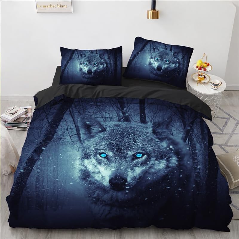 Housse de couette loup parure de lit 2 personnes 240x260 cm avec taies d'oreiller fermeture éclair