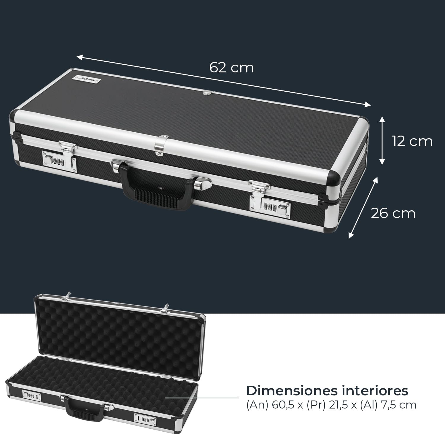 HMF 14433-02 Funda de Aluminio para Pistola con Cerradura de combinación | 62 x 26 x 12 cm | Negro