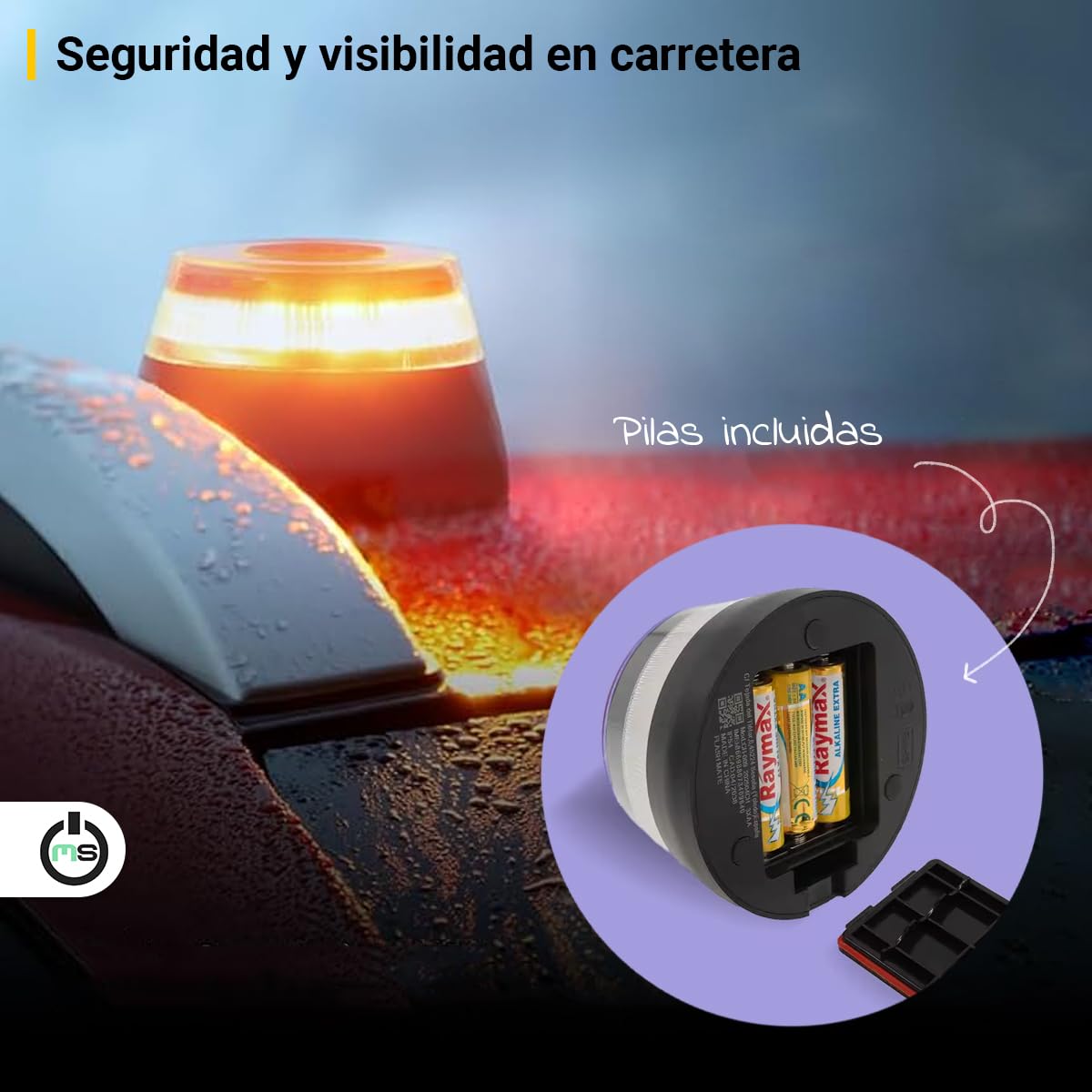 ms móvil shop Baliza V16 Homologada DGT Luz de Emergencia IoT | Señal Conectada Geolocalizada DGT 3.0, Sustituye Triángulos, Base Magnética, Visibilidad 1 km 360°, Autonomía 6h, Incluye Pilas AA