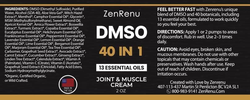 Miniatura 9 de Zenrenu DMSO Crema para comodidad muscular y articular, fórmula 40 en 1 con 13 aceites esenciales, árnica, aloe vera y MSM, tópico de rápida
