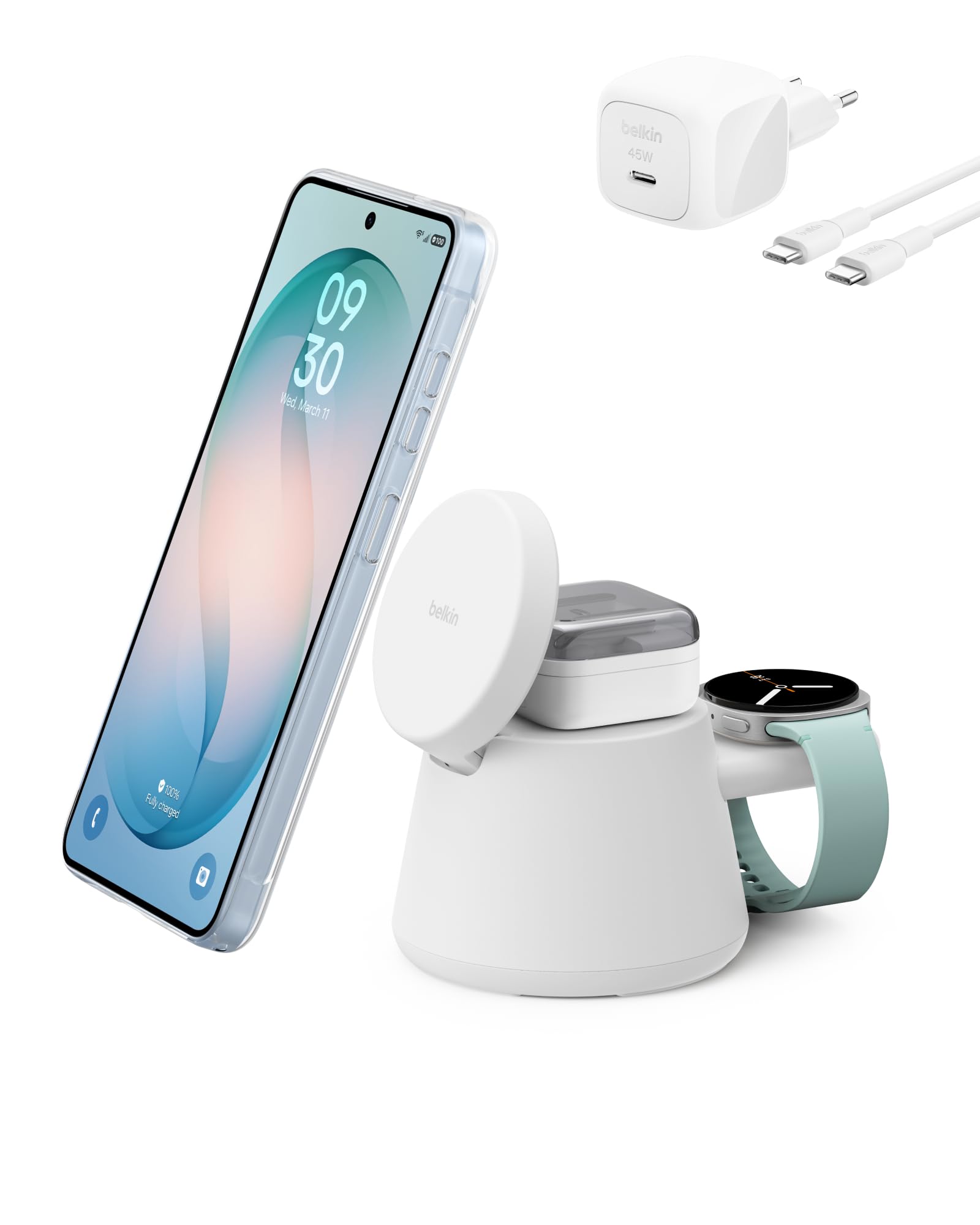 Belkin UltraCharge 3-in-1 Induktive Ladestation mit Qi2, 25W – Weiß | Qi2.2-zertifiziert, Kabelloses Ladegerät mit USB-C-Port, Wireless Charger für iPhone, Galaxy, Kopfhörer; mit 45W Netzteil