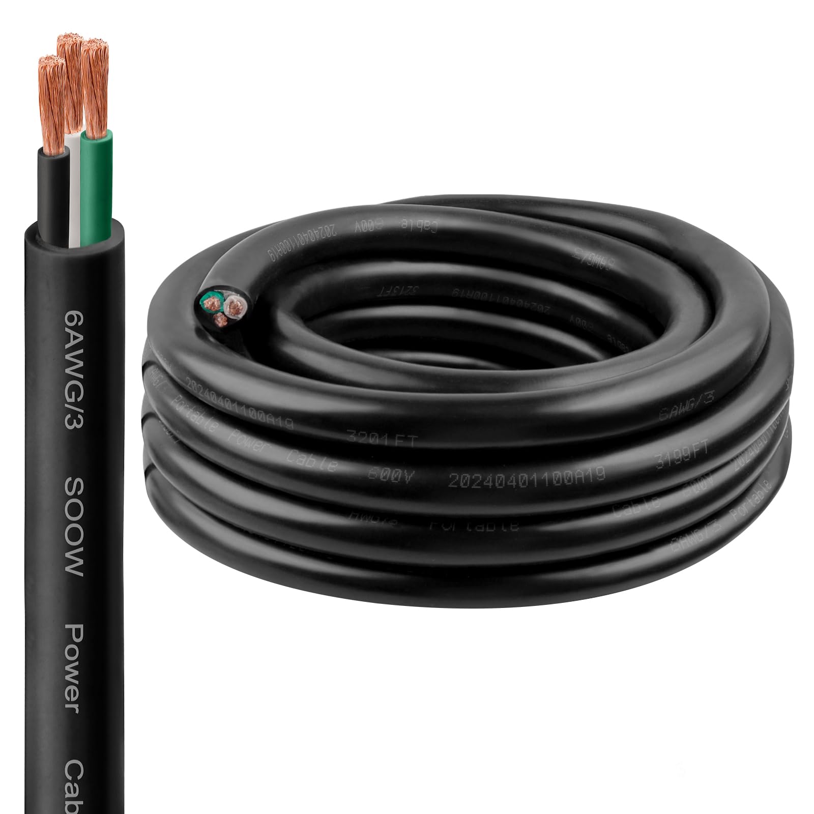 SOOW Fil 6/3 3 m, 6 AWG 600 V, câble d'alimentation portable de calibre 6, câble d'alimentation portable à 3 conducteurs, rallonge pour soudeur, générateur, lumière portable, circuits, chargeur de
