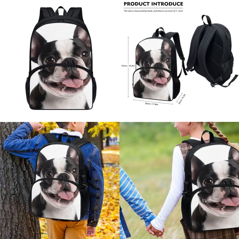 French Bulldog Bookbag Sets,Cute Puppy Dog Shoulder Strap Backpacks Lunch Box, Black& White Boston Terrier Multifunctional Pencil Box for Teen Student4