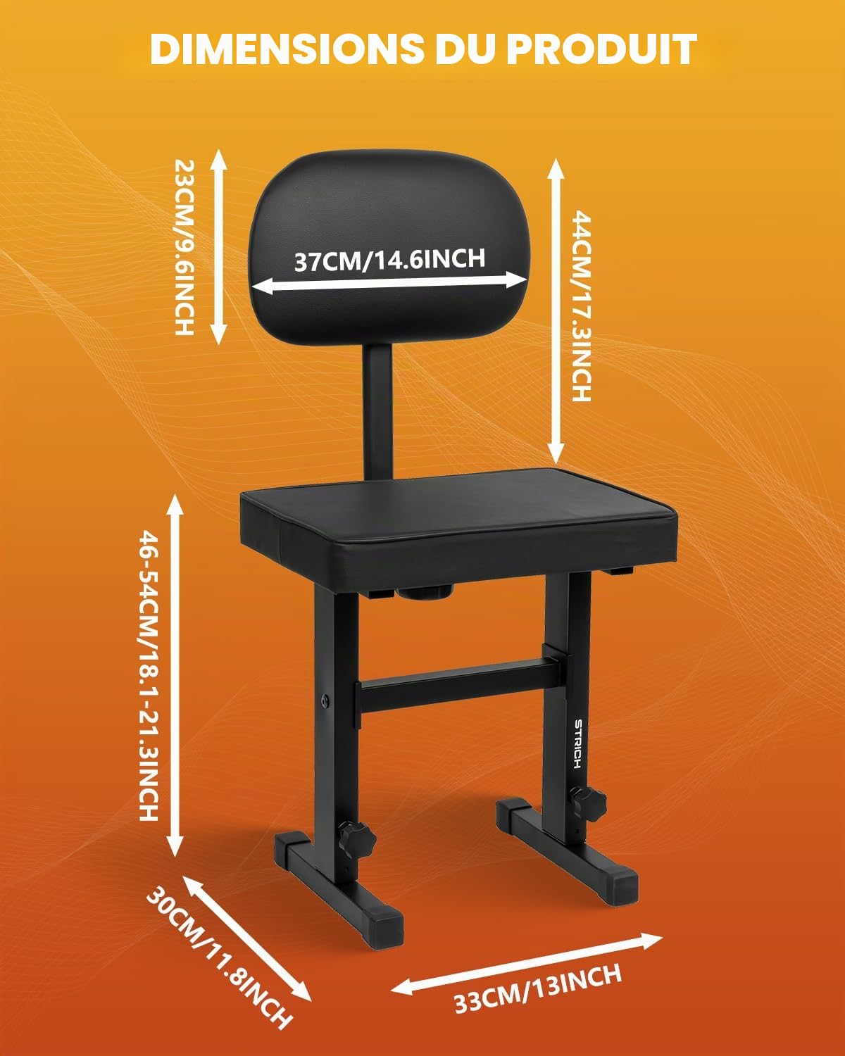 STRICH Banc de piano réglable - Siège de banc avec dossier - Avec coussin rembourré pour musiciens - Noir - SPB-M50S (cuir synthétique)