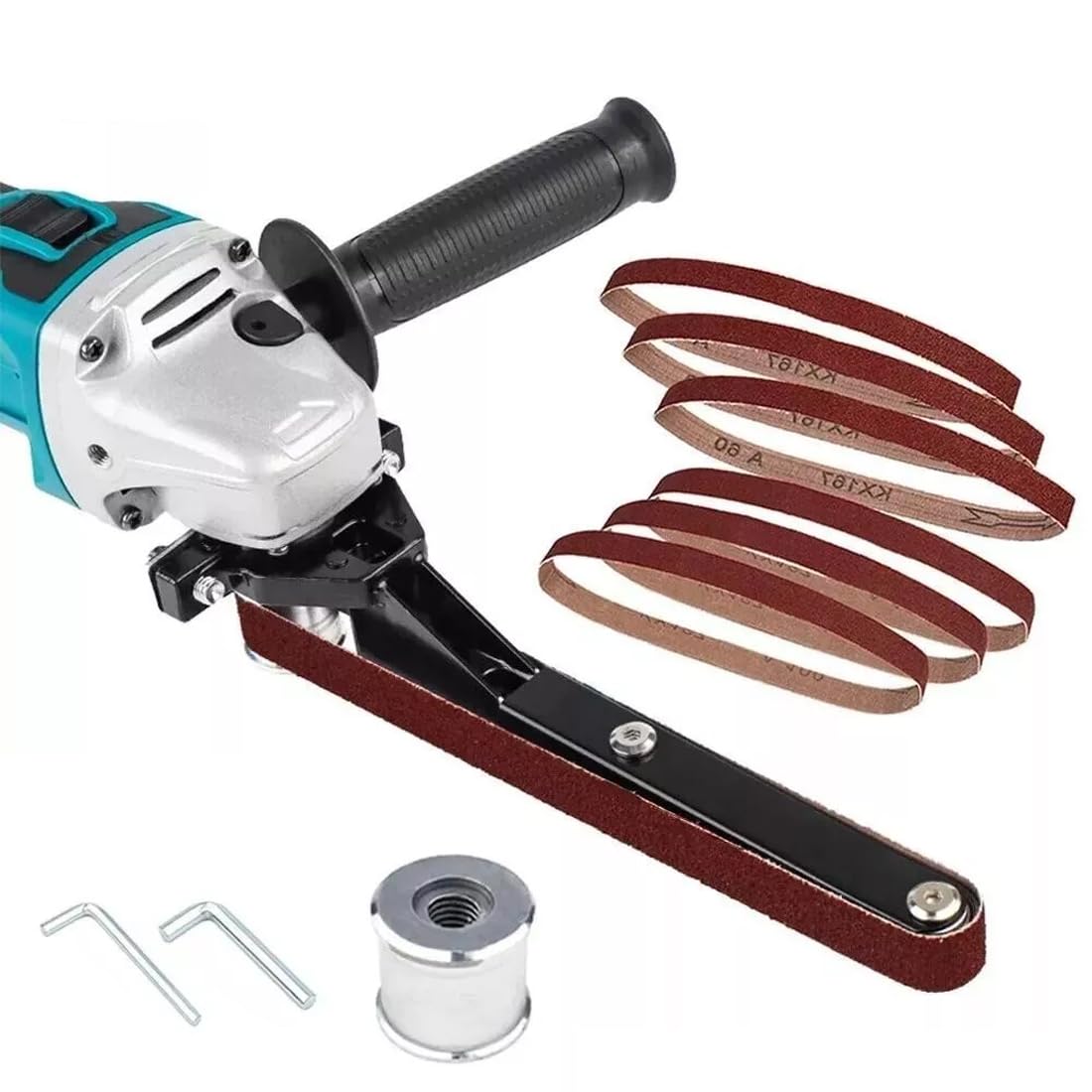 Mini smerigliatrice con 6 cinghie abrasive (60/120 ogni 3 pezzi), lucidatrice multifunzione senza fili, mini levigatrice fai da te per smerigliatrici angolari elettriche da 100/115/125 mm