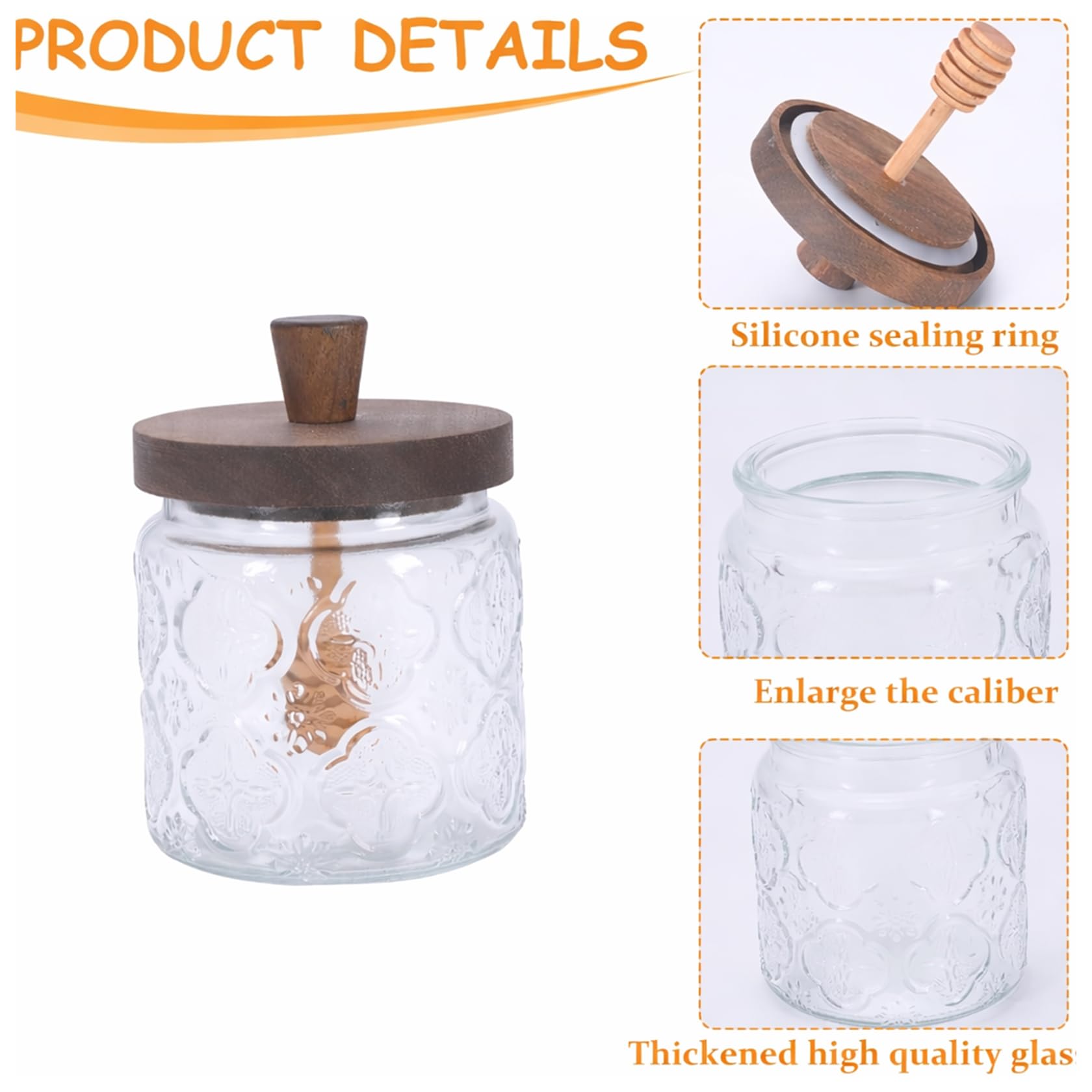 Bicchiere da miele con coperchio in legno, dispenser per miele in vetro con coperchio a chiusura ermetica per cucina e tavolo da colazione, contenitore per miele trasparente con cucchiaio di
