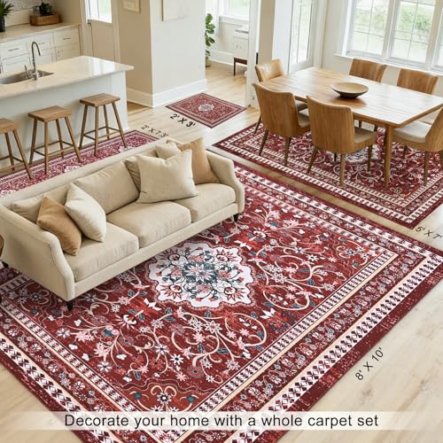 Tapete Boho Rojo 2' x 3' Lavable Antideslizante miniatura 5