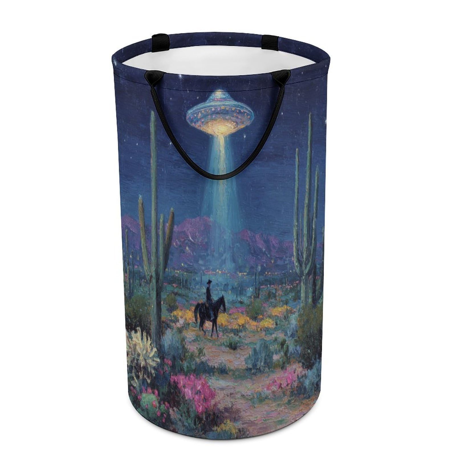 LUYYSKY Cool Western UFO Cowboy Collapsible Dirty Clothes Basket, Mid Century Retro Plant Cactus Flowers Animal Horse Portable Clothes Storage Laundry Basket-40 CM Dia, 69 CM High