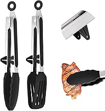 2 Heat Resistant Kitchen Tongs, Stainless Steel and Silicone Food Tongs with Bracket, Heat Resistant Kitchen Tongs - 27 cm Black