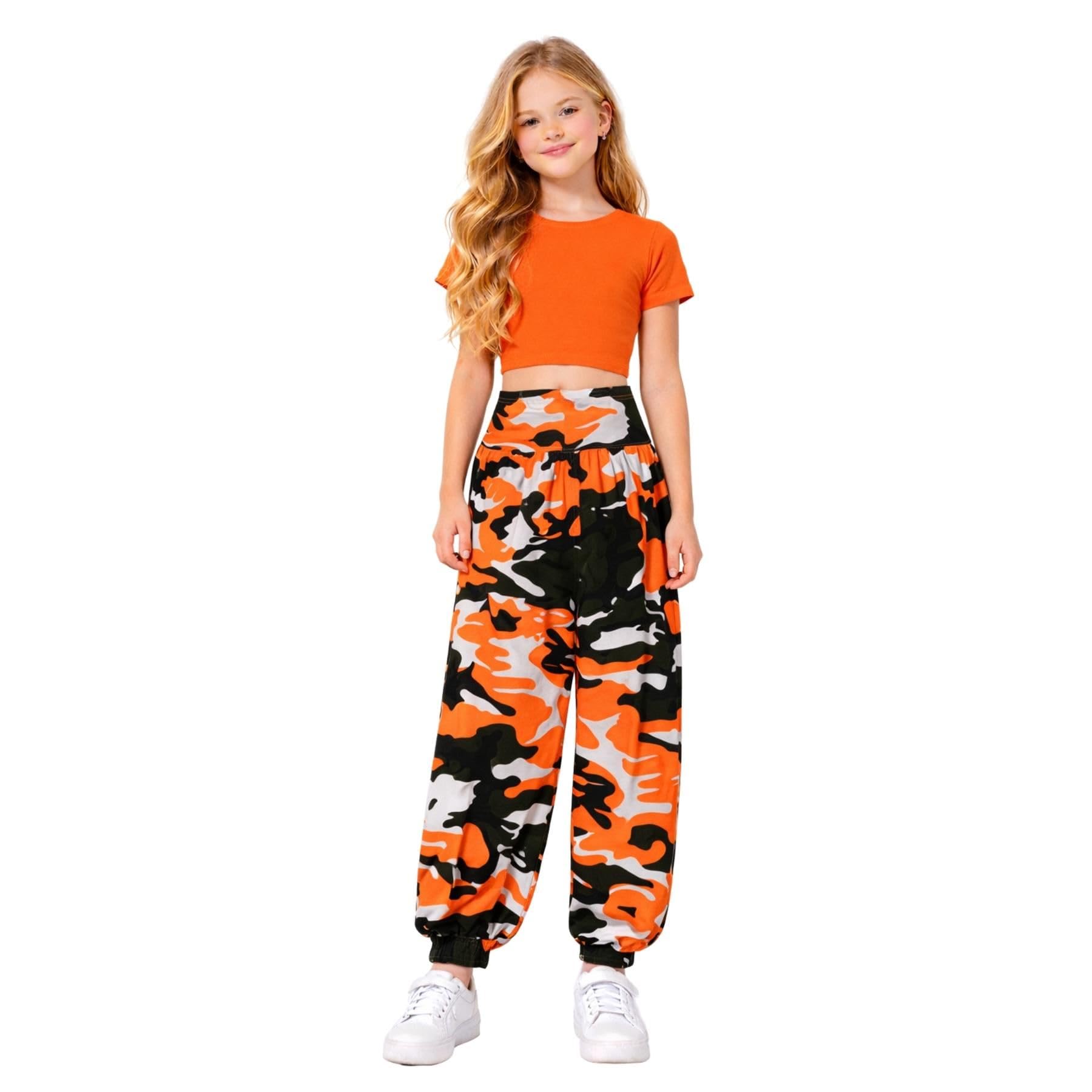 janisramone Kids Girls New Neon Crop Top Army Camo Print Alibaba Harem Leggings 2 Pcs Co-ord Dance Sets