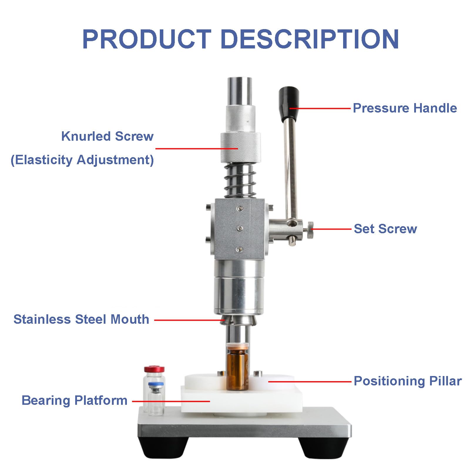 Máquina de sellado manual de viales, herramienta de crimpado de altura ajustable para un sellado eficiente de tapas de botellas en laboratorios y farmacias