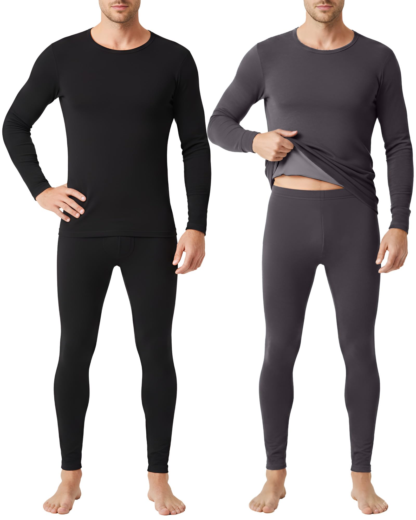 2 Pack Thermal Underwear for Men Fleece Lined Winter Base Layer Set Long Sleeve Crew Neck Top and Bottom-image-10