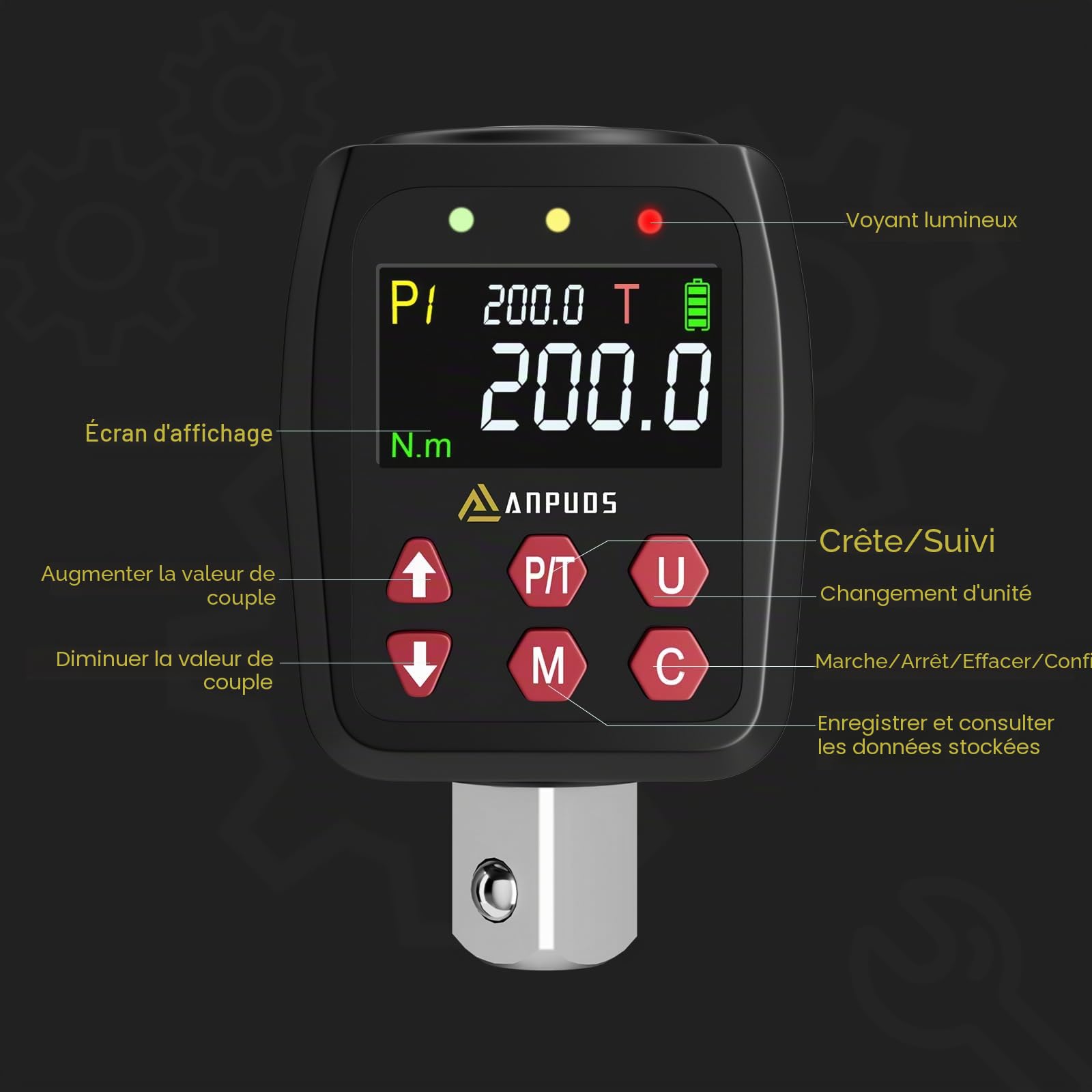ANPUDS Adaptateur de Couple Numérique 1/2" 10-200Nm Clé Dynamométrique Précision ±1% Mode Préréglé Stockage Données LED Alerte Sonore