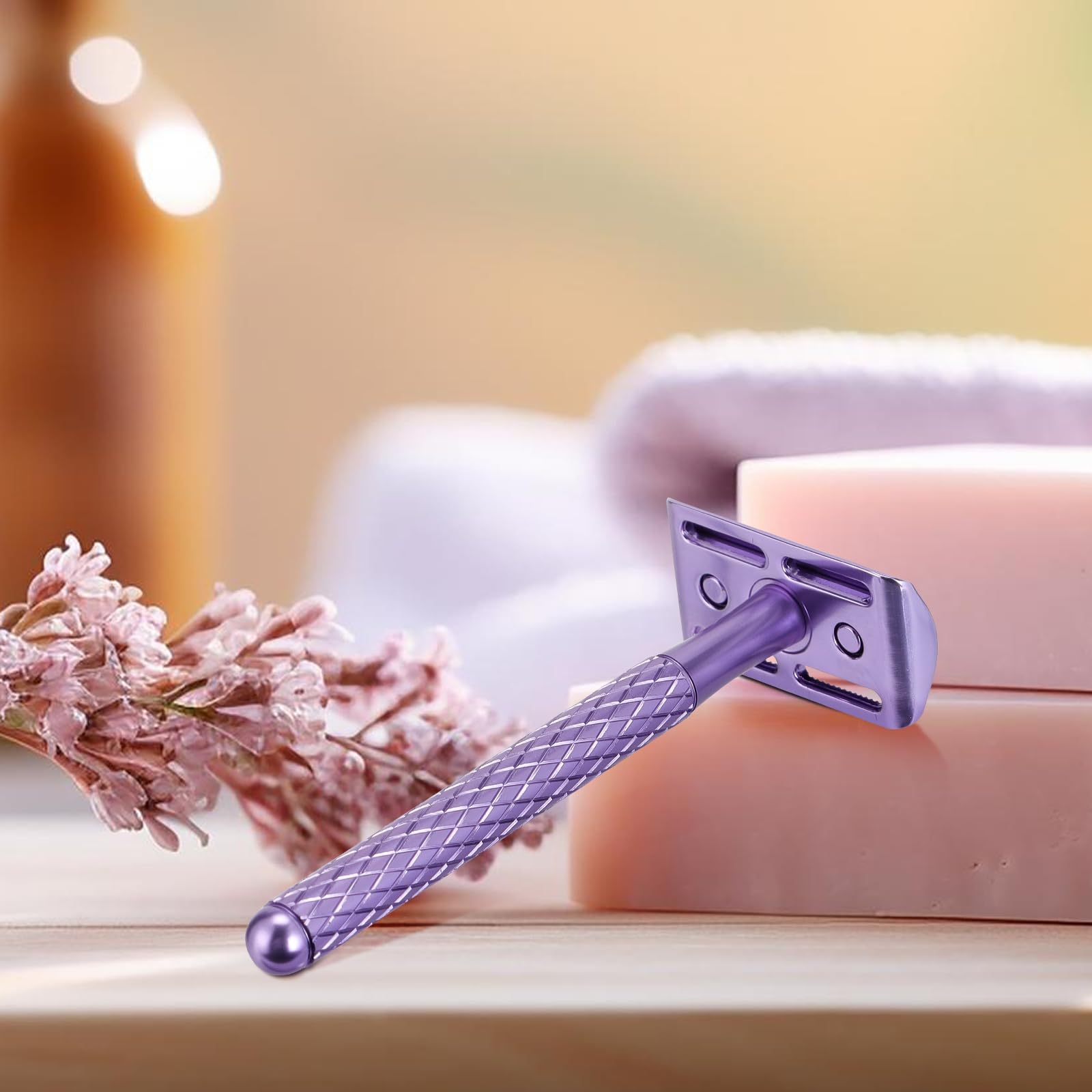 Maquinilla de afeitar de seguridad de doble filo para mujer, color morado con 10 cuchillas y cubierta de silicona, maquinilla de afeitar de seguridad de una sola hoja de metal