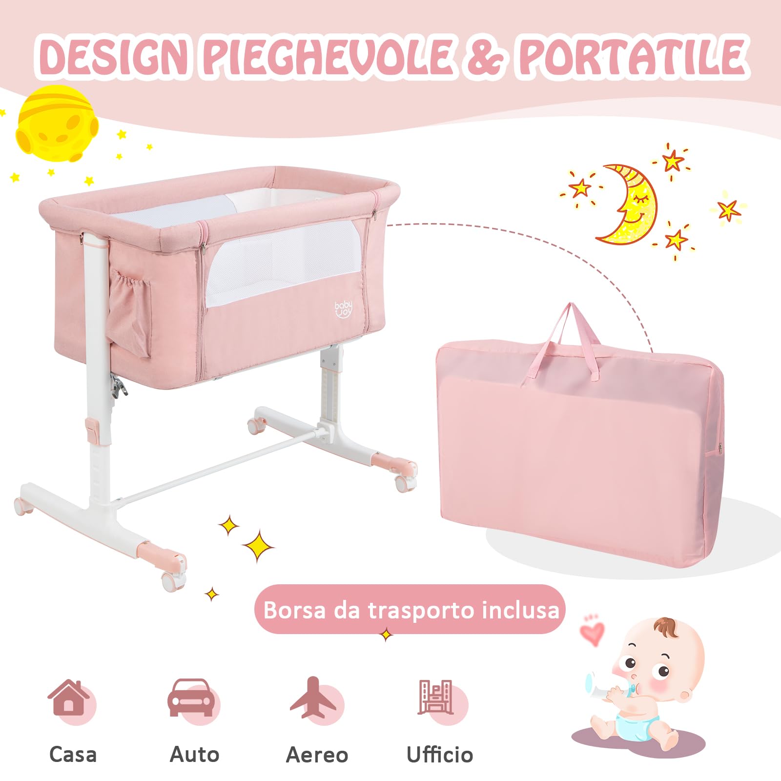 RELAX4LIFE 3 en 1 Cuna Colecho con 5 Alturas Ajustables, Ruedas Bloqueables, Colchón y Correa de Sujeción, Cuna Bebe con Bolsillo Portaobjetos y Bolsa de Transporte para Bebés 0-6 Meses (Rosa)