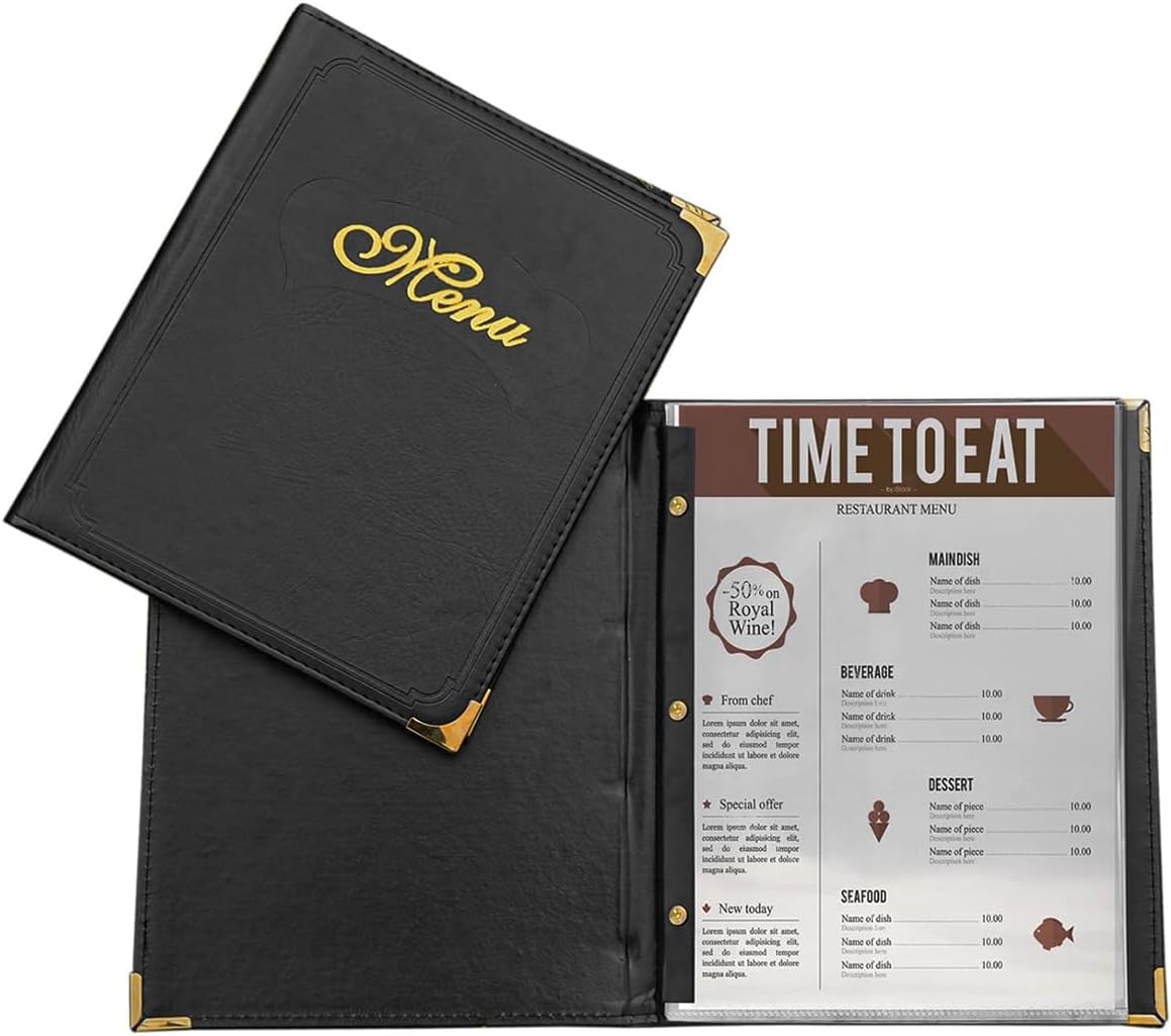 HASTHIP® Leather Menu Cover,7-Page Dual-Sided Display Book,Restaurant & Bar Menu Holder PU Leather Double Fold Oil-Proof Golden Corner Protector 12.6 x 9.8 Inch Coffee Shop Folder
