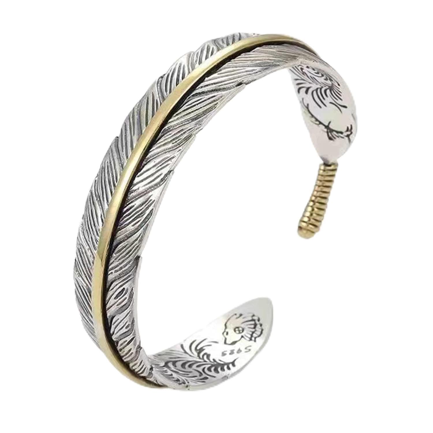 S925 Silver-Plated Antique Wide Feather Cuff Bracelet For Men Women Adjustable Retro Twisted Feathers Bracelets Gift Jewelry