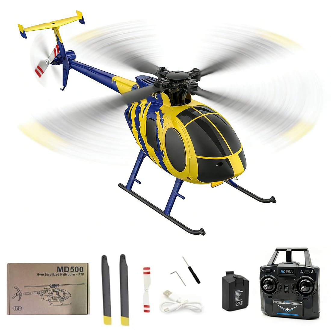 RC-ERA C184 MD500 RC Hubschrauber, 4 Kanal Einpropeller Flybarless Hubschrauber mit optischer Flusssteuerung & Gyro-Stabilisierung, RC Flugzeugmodell für Erwachsene