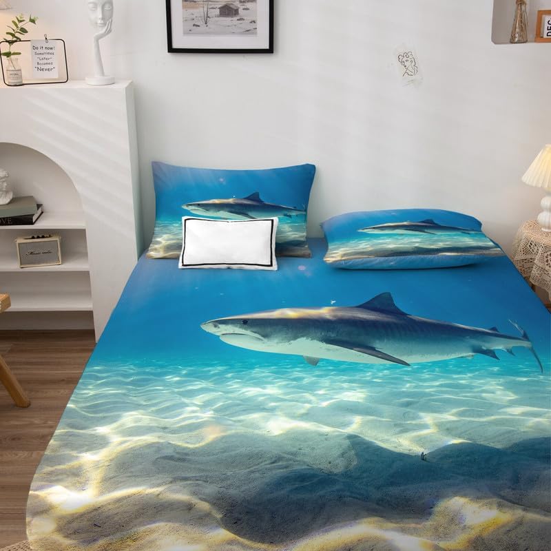 Miniatura 3 de Great White Shark - Sábanas tamaño King Sábanas de cama de animales marinos, microfibra suave, bolsillo profundo, sábanas y fundas de almohada sin