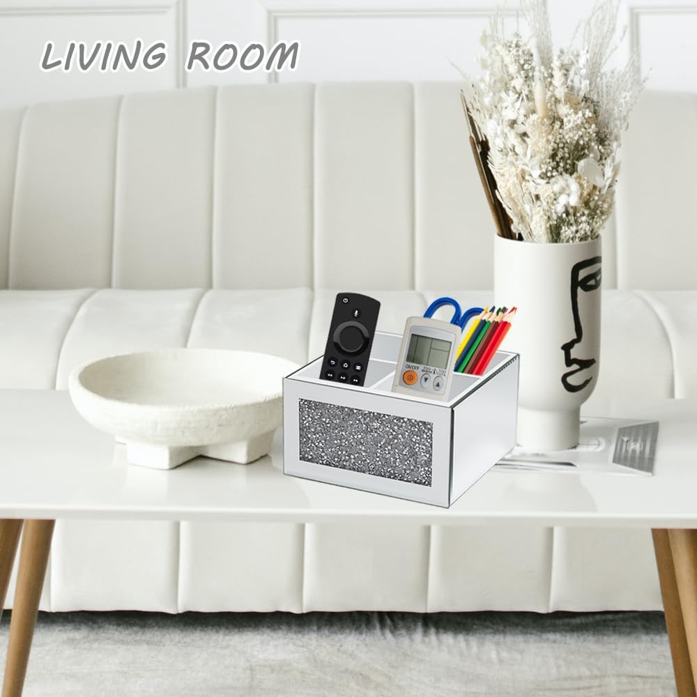 Rotating Makeup Brush Holder Glass, 360 Rotating Crystal Makeup Brush Organizer, Cosmetic Brush Storage Box Crushed Diamond Home Decor Silver Glass Brush Holder for Vanity Dresser 4 Slots