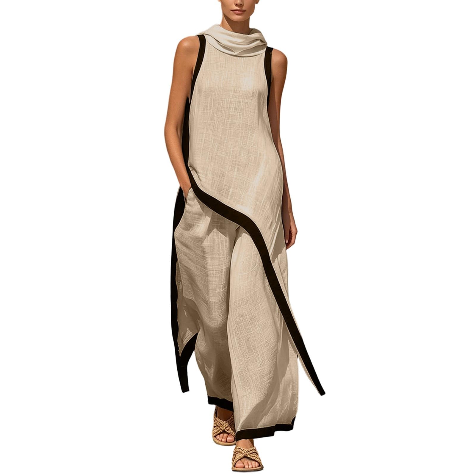 Zweiteiler Damen Elegant Hochzeit Anzug Ärmelloses Tunika mit asymmetrischem Saum und Kontrastfarbenen weite Hose Freizeitanzug Casual Outfit Loungewear