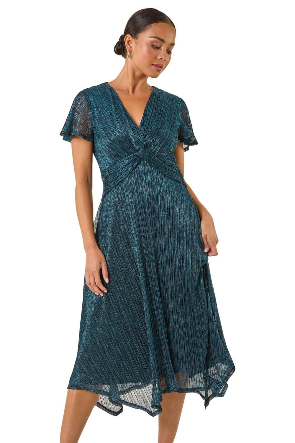 Roman Women's Teal Petite Shimmer Twist Front Midi Dress In Size 16