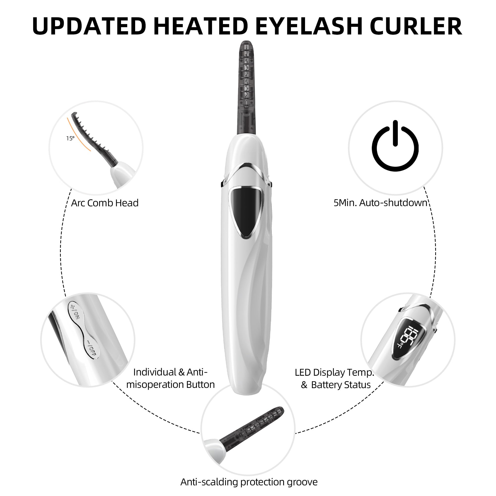 Heated Eyelash Curler, S600 Heated Lash Curler, rechargeable, chauffage rapide et durable pendant 24 heures pour maquillage naturel (Chalk White/Silver, S600-148MM)