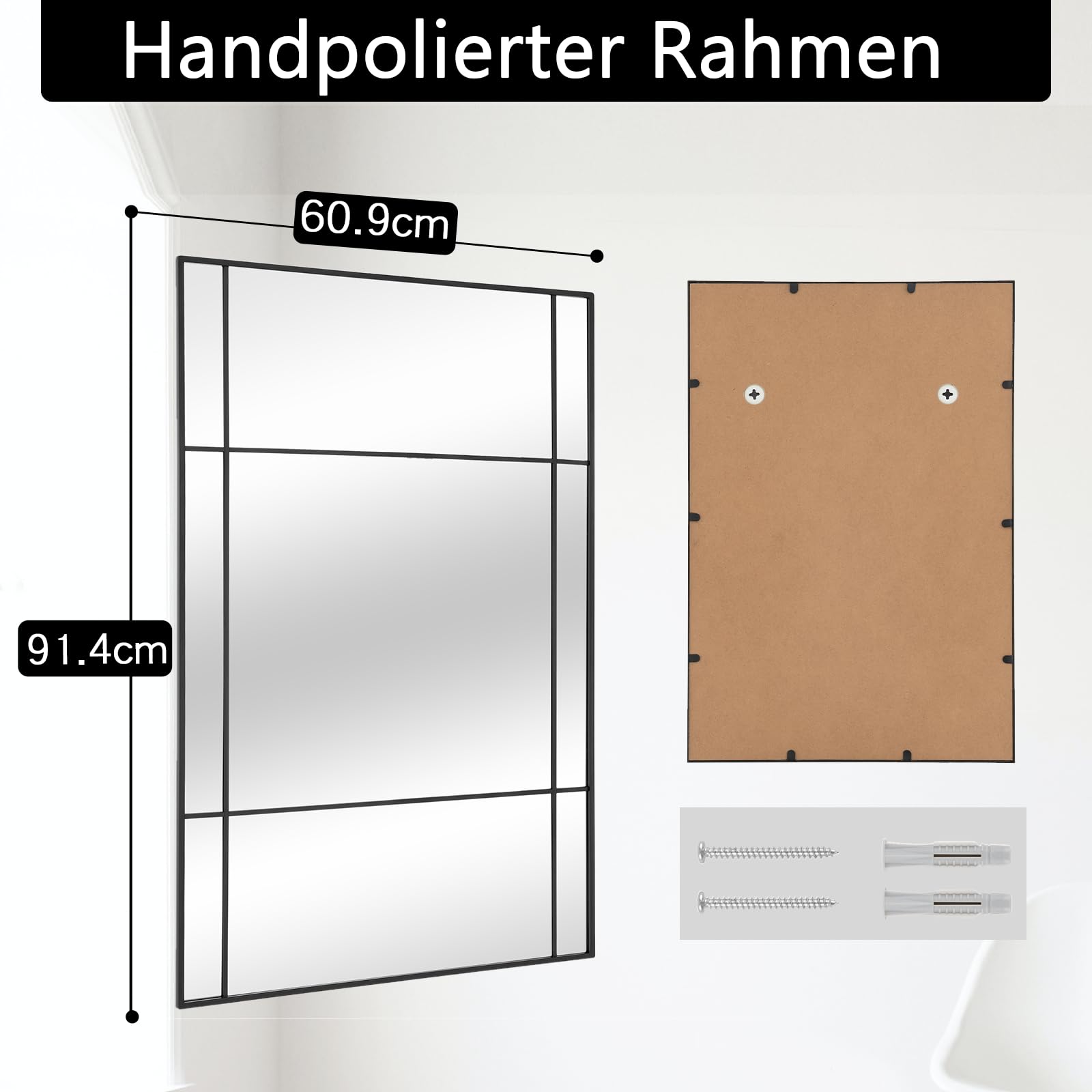 Muzilife Espejo de pared negro con marco de metal, 90x60 cm Espejo decorativo rectangular para dormitorio, comedor, pasillo, baño, colgado o apoyado contra la pared
