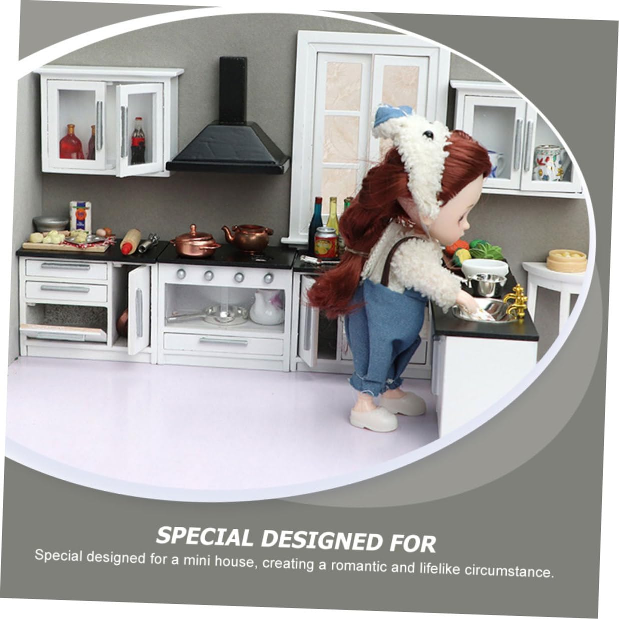 12 Scale Miniature Wooden Dollhouse Furniture Set, White Kitchen 7pcs Small Furniture Prop for Dollhouse Accessories and Mini Kitchen Decor